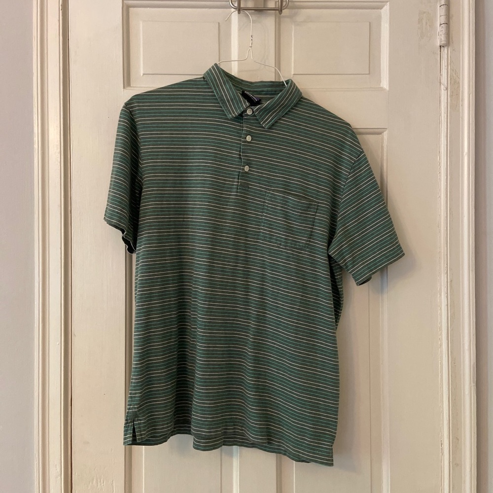 Patagonia polo shirt - dark green with light green and white stripes